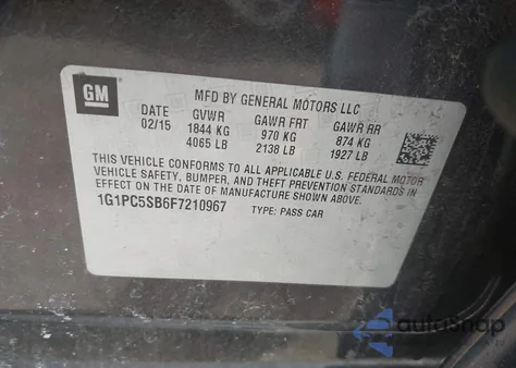 2015 Chevrolet Cruze 1Lt Auto z USA, uszkodzony, nr VIN 1G1PC5SB6F7210967